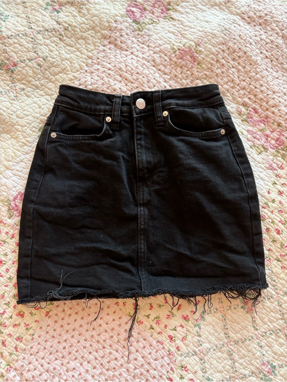 Bershka Black Raw-Hem Denim Mini Skirt